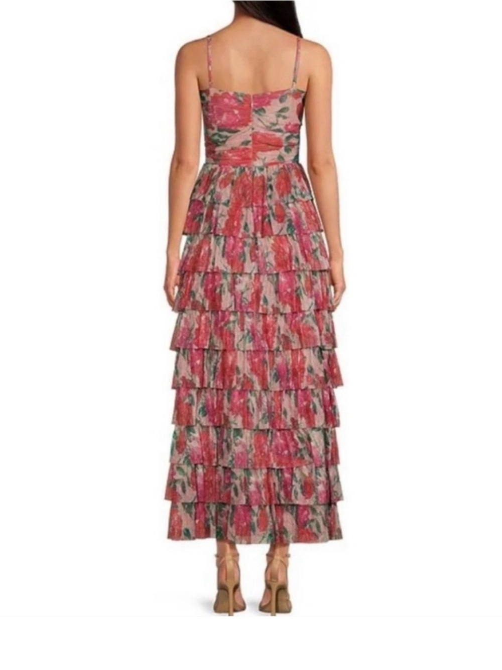 NWOT Gianni Bini Grace Floral Metallic Plisse Cut-Out Tiered Dress